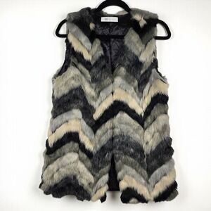 Fever Faux Fur Vest Sleeveless Chevron Striped Gray Black Beige Womens‎ Small